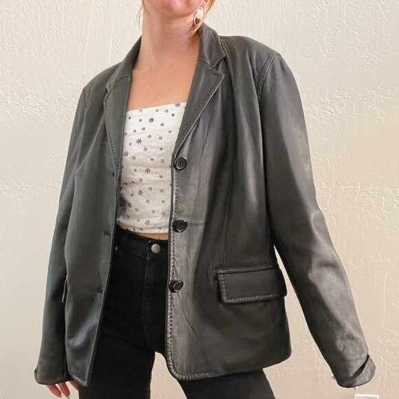 Vintage 1990's Black 100% Leather Button Up Blazer Style Jacket - Picture 1 of 6